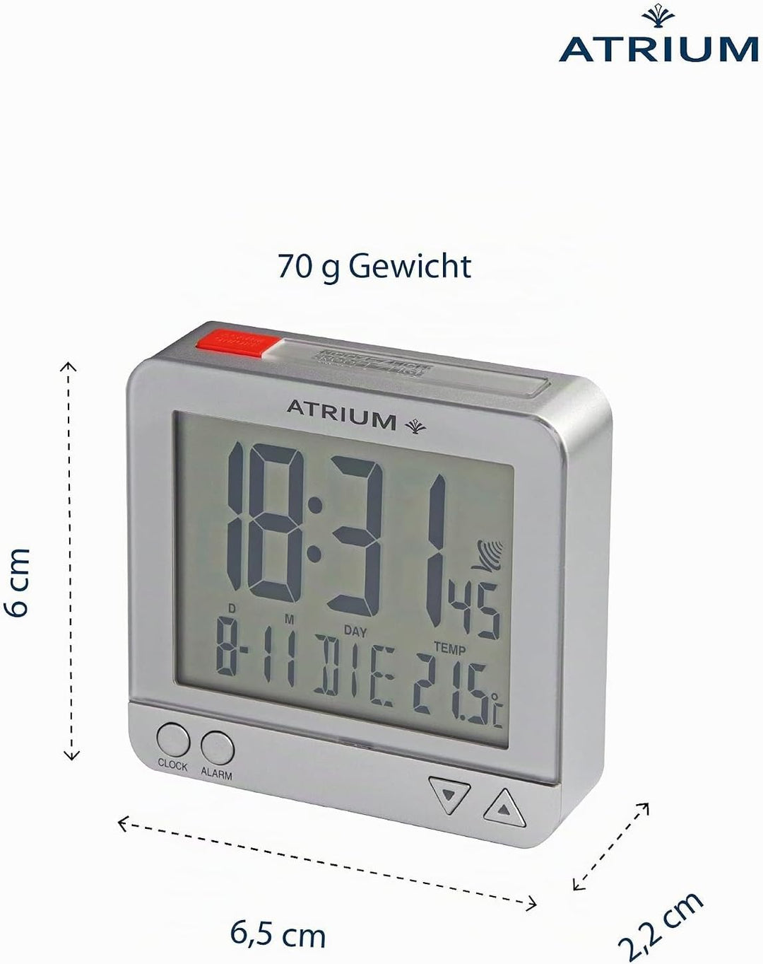 Atrium Funkwecker Reisewecker klein Digital Quarz LCD sensorgesteuertes Nachtlicht Beleuchtung Silbe