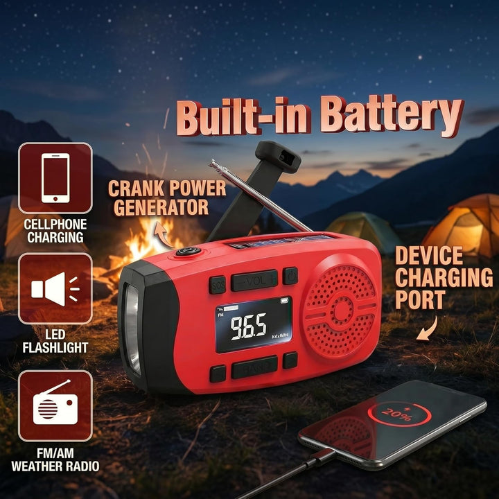 Solarkurbel-Notfallradio mit LCD-Display, 2000mAh Powerbank, 3-in-1 Taschenlampe mit SOS-Alarm, trag