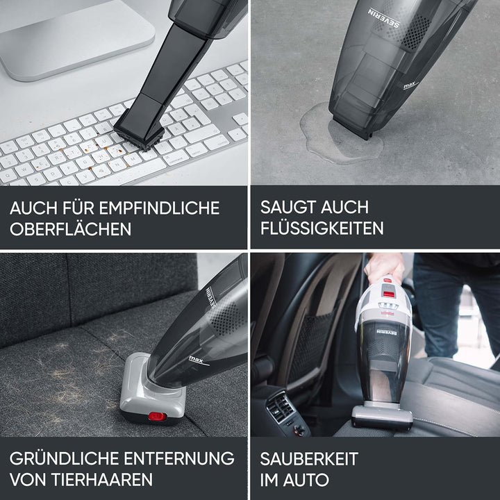 SEVERIN 4-in-1 Akku-Handstaubsauger, kabelloser Handstaubsauger für Autositze, Tierhaare und Flüssig