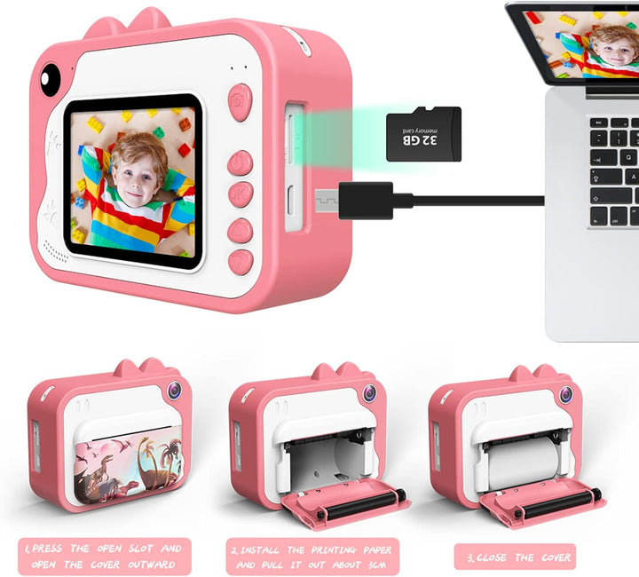 KinderKamera,DigitalKamera Print Sofortbildkamera 1080P 2.4 Zoll Bildschirm Videokamera Schwarzweiss