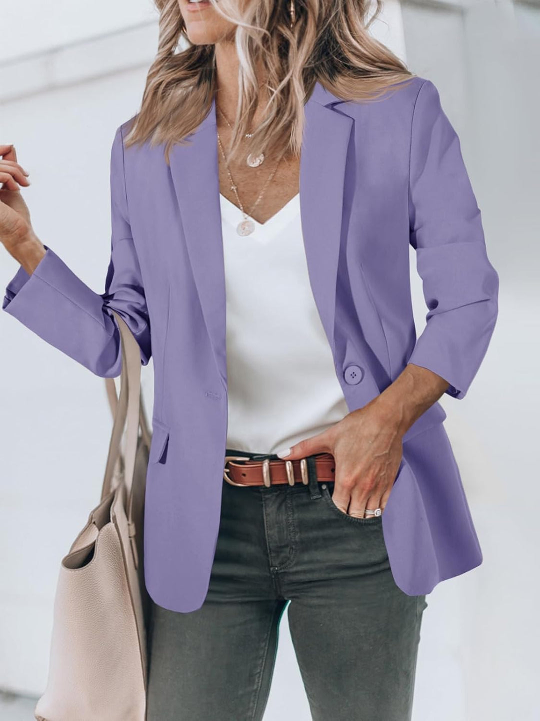 Cicy Bell Damen Langarm Casual Blazer Arbeit Büro Knopf Open Front Jacke Anzug S Blue Purple, S Blue