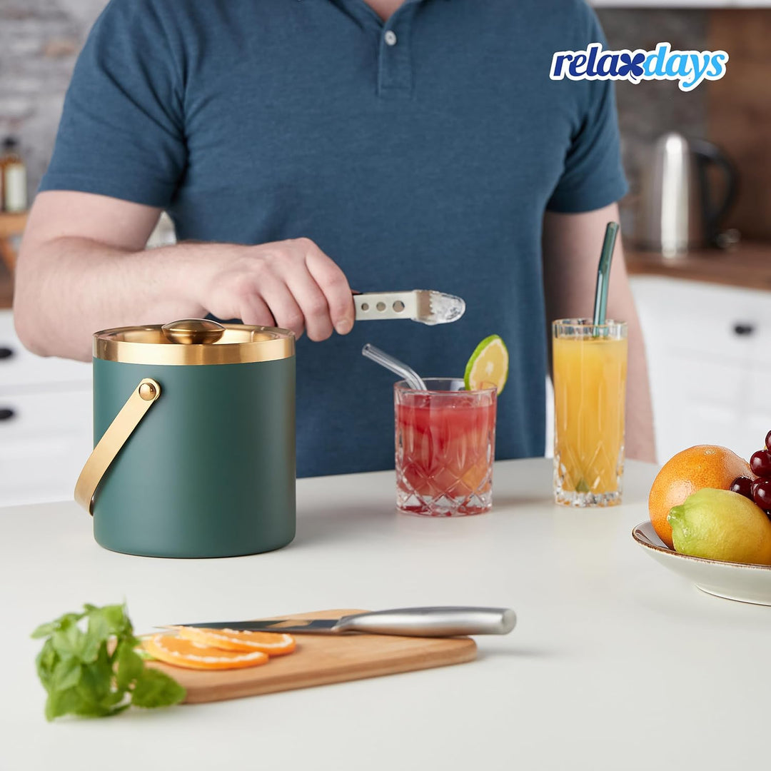 Relaxdays Eiswürfelbehälter, Edelstahl, doppelwandig, Eiseimer mit Deckel & Henkel, 1,5 l, Eiswürfel