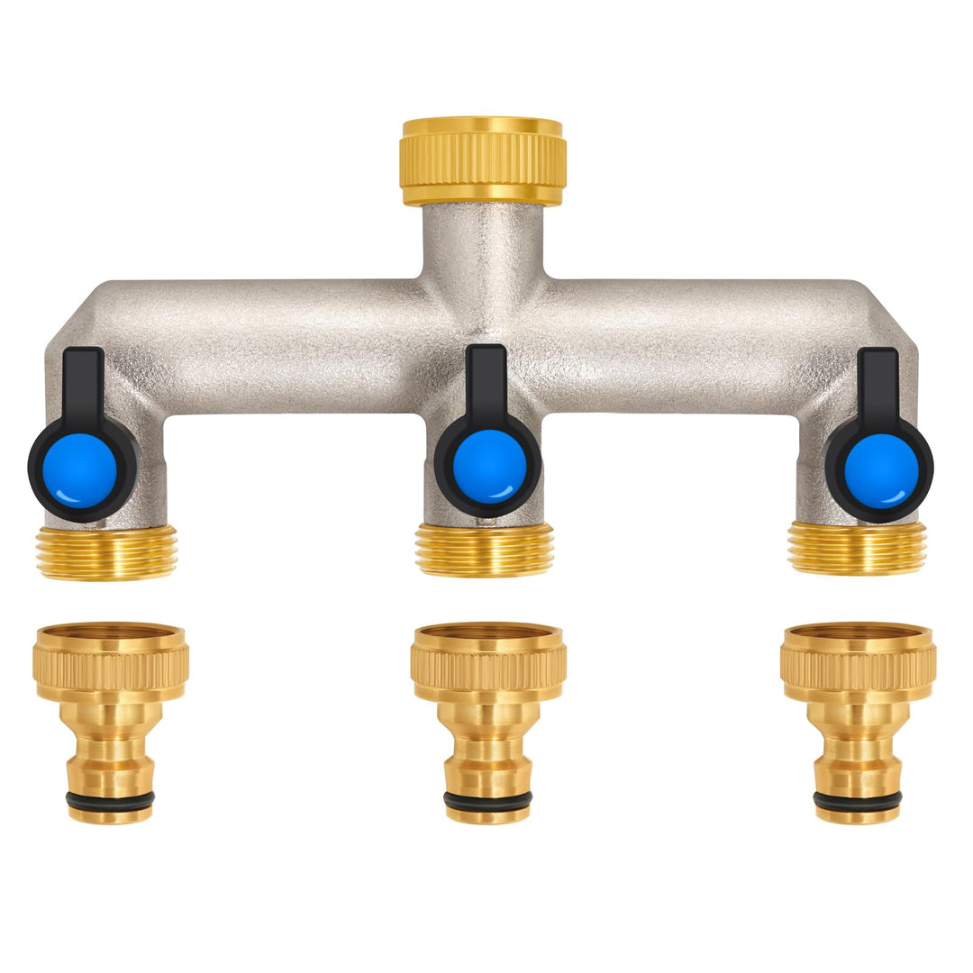 3-Wege Wasserhahn Wasserverteiler aus Messing für 3 Geräte/Gartenschläuche, 3er Verteiler 3/4" Adapt