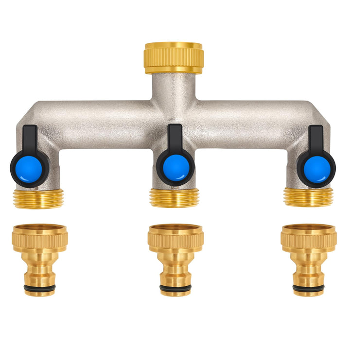 3-Wege Wasserhahn Wasserverteiler aus Messing für 3 Geräte/Gartenschläuche, 3er Verteiler 3/4" Adapt