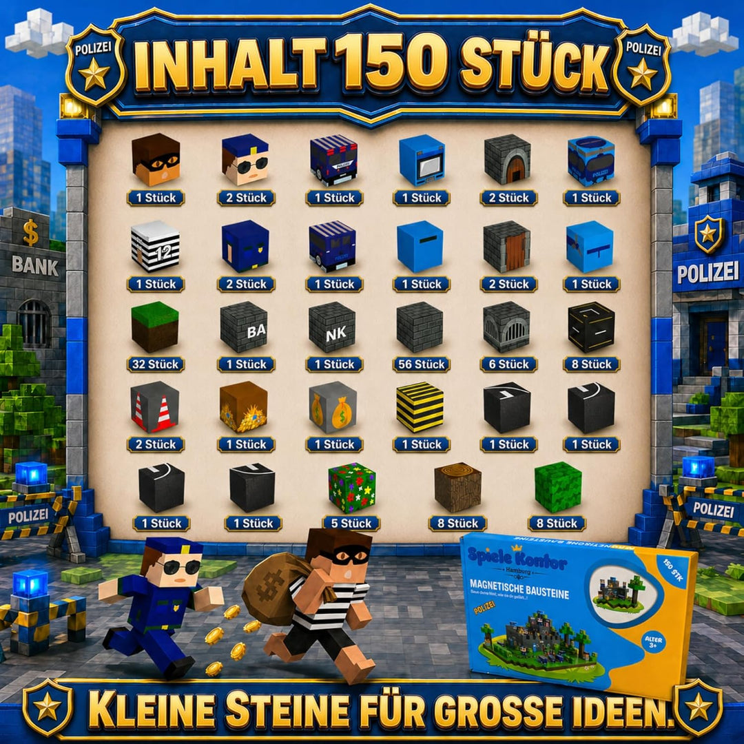 Spiele Kontor Magnetische Bausteine Polizei - 150 Stück Magnetbausteine | Kinderspielzeug für Jungen