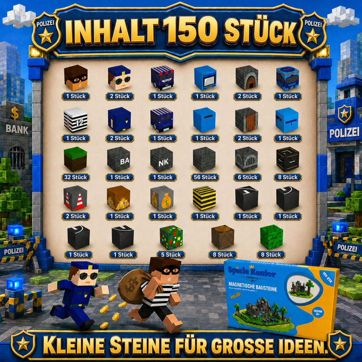 Spiele Kontor Magnetische Bausteine Polizei - 150 Stück Magnetbausteine | Kinderspielzeug für Jungen