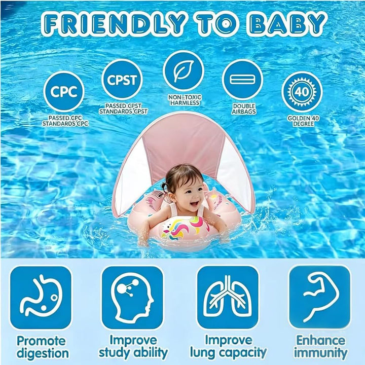 Baby Schwimmring mit abnehmbarem sonnendach,Schwimmhilfe verstellbare Schultergurte Blau, Blau