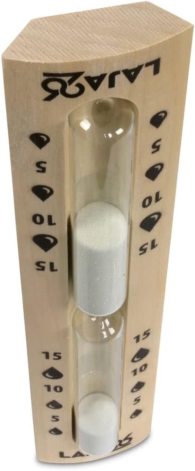 LaJa26 Sauna Sanduhr "Konvex" weisser Sand - FSC Espenholz - Drehgestell aus Holz zur Montage an der