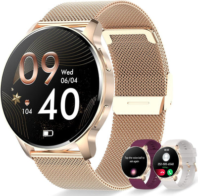 Erkwei Smartwatch Damen mit Telefonfunktion 1,32" Touchscreen Fitnessuhr mit Schrittzähler Herzfrequ