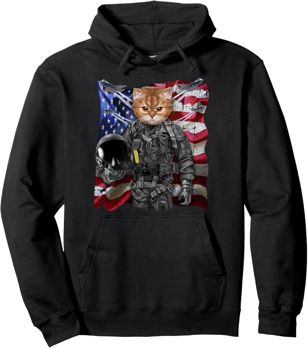 Orange Katze als Kampfpilot mit Flagge der USA Pullover Hoodie