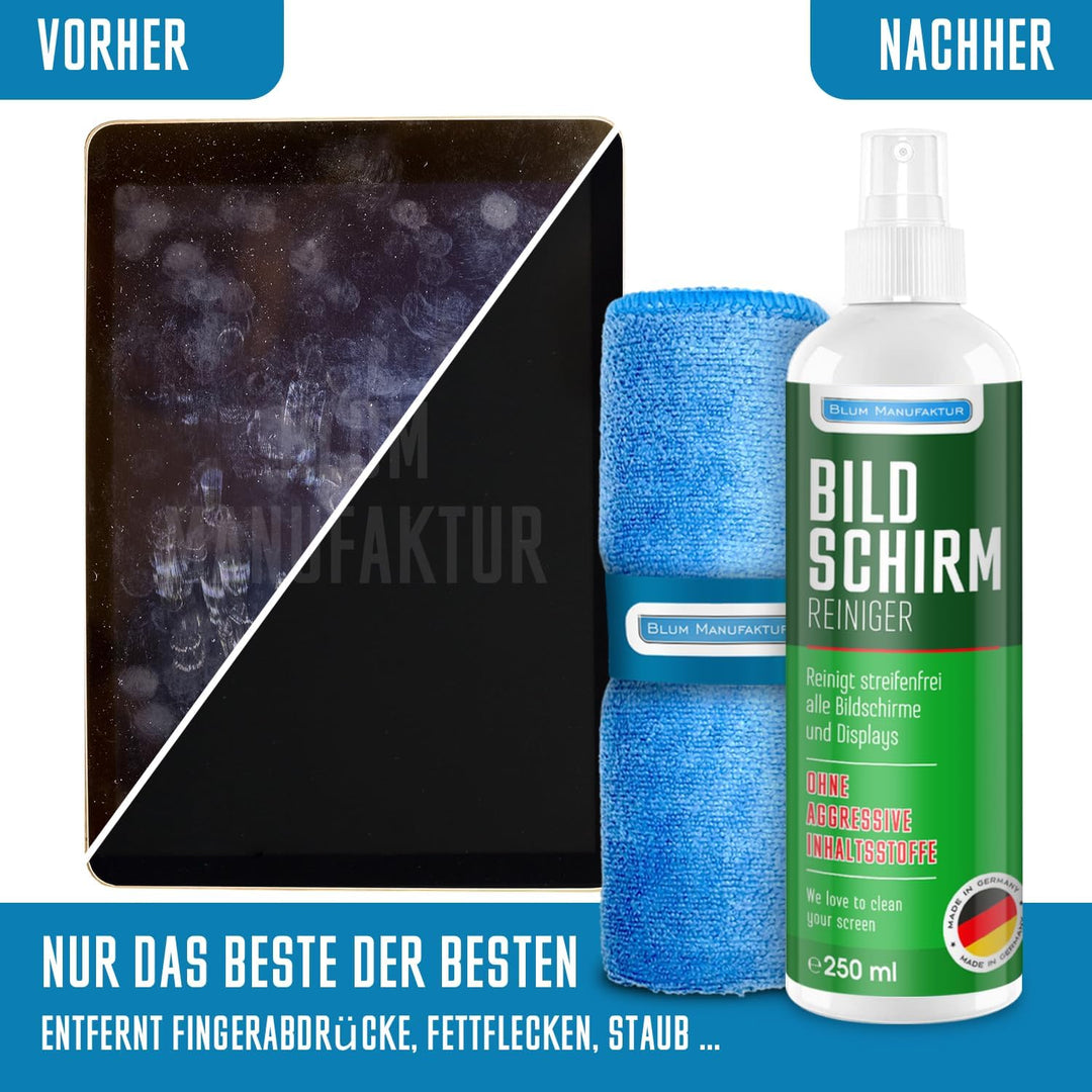 Blum Manufaktur Bildschirmreiniger 2 x 250 ml + 30x30 cm Mikrofasertuch supersoft 365GSM - Screen Cl