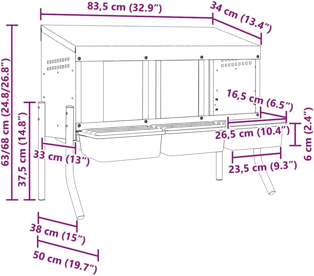 Hühner-Nistkasten mit 3 Fächern, verzinkter Stahl, höhenverstellbare Beine, für Innen- und Aussenber