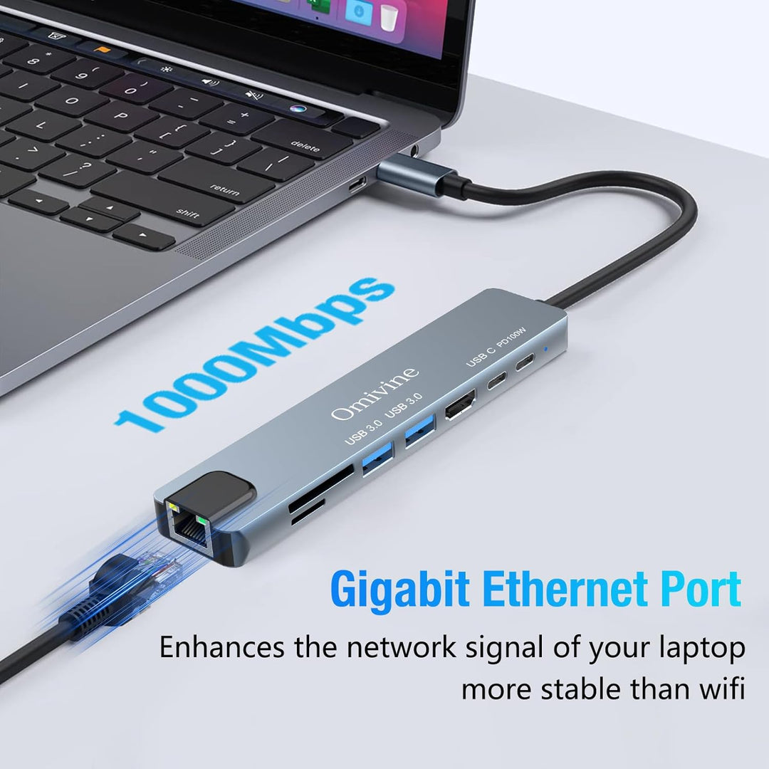 8-In-1 USB-C Hub mit 1G Ethernet, PD 100W, 4K HDMI, 2 X USB 3.0, 1 X C, SD/TF Kartenleser, Typ-C Spl