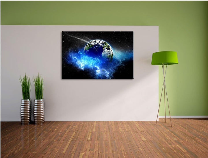 Erde im Kosmos Nebel schwarz/weiss Format: 100x70 auf Leinwand, XXL riesige Bilder fertig gerahmt mi