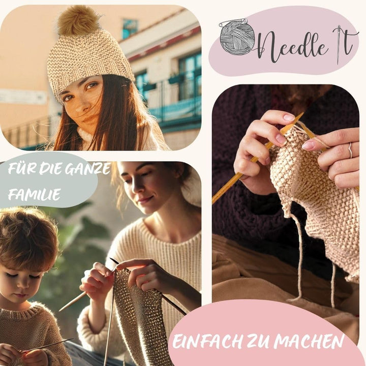 Needle It® Strickset Mütze komplett dunkelgrün - Wollmütze zum Selberstricken für Kinder und Erwachs