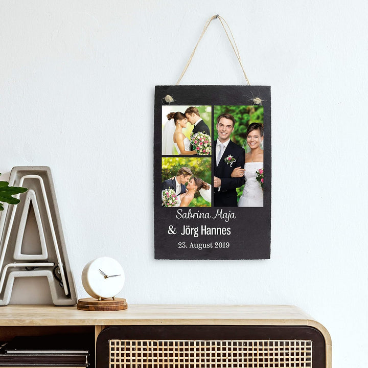 wandmotiv24 Schiefertafel Hochzeit, Aufhängeschild mit Strick, Personalisierbar Digitaldruck 3 Farbf