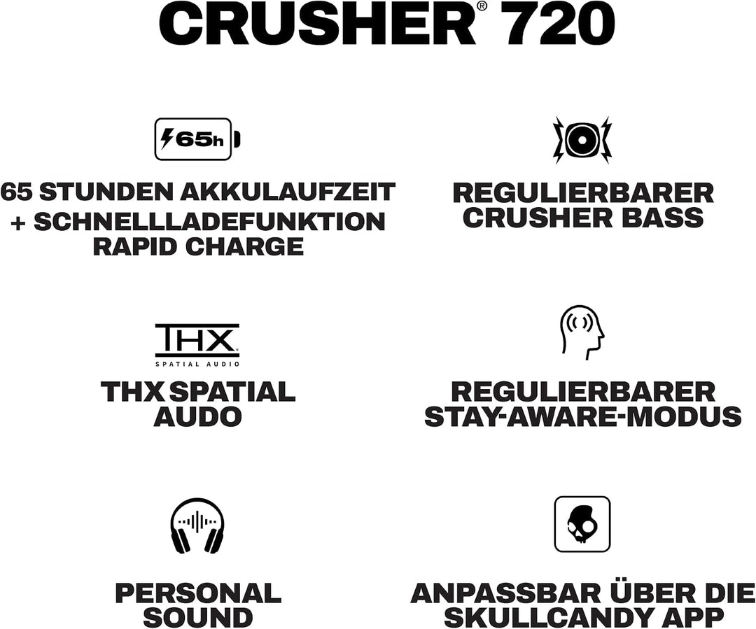 Skullcandy Crusher 720 Wireless Bluetooth Over-Ear-Kopfhörer mit multisensorischem Bass, THX Spatial