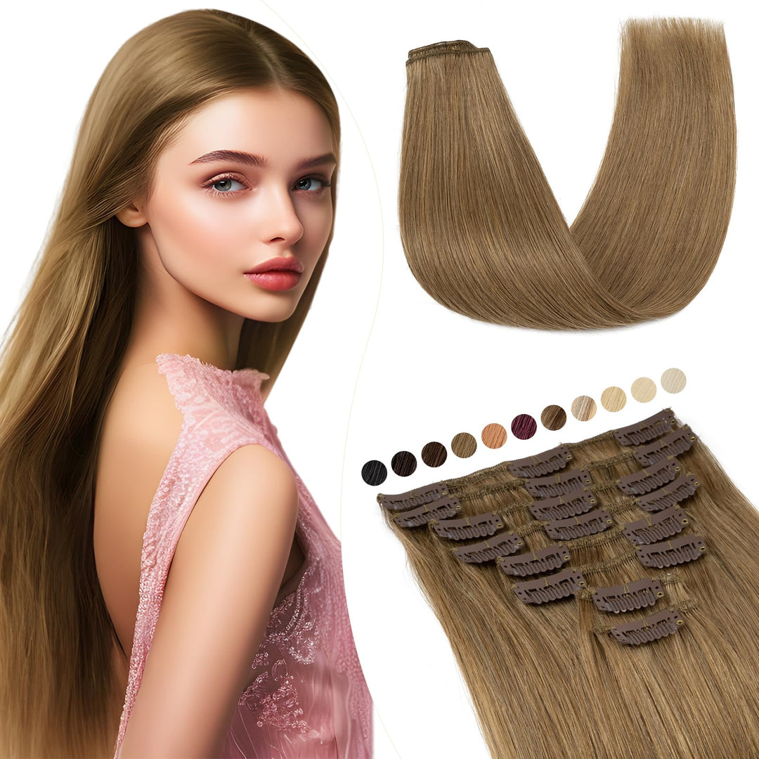 Elailite Clip in Extensions Echthaar, 8 Tressen Haarverlängerung, 20cm-45g Glattes Haarteile Haarext