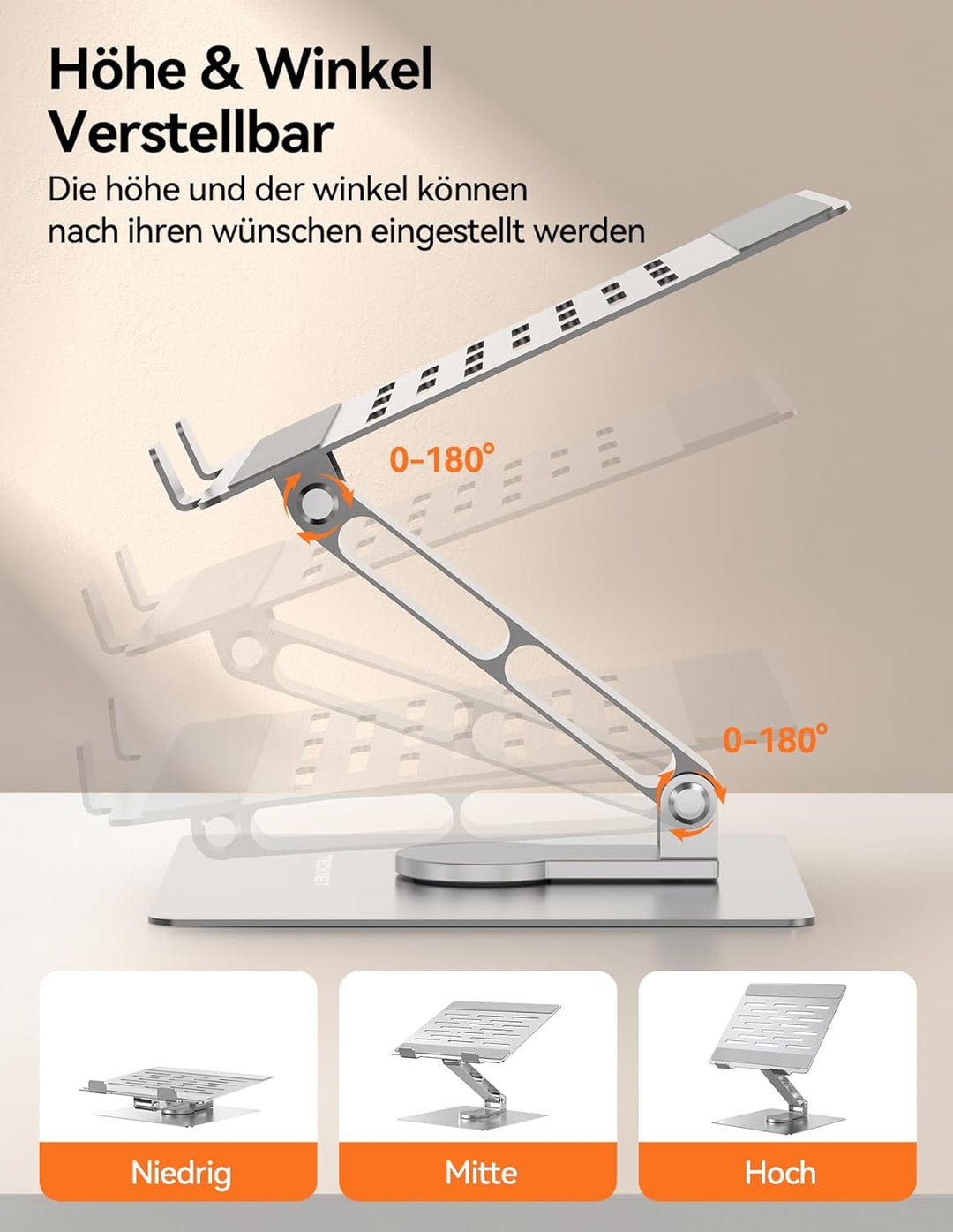 TECKNET Laptop Ständer mit 360 Drehbarer Basis, Laptopständer Höhenverstellbar, Faltbarer Laptop Sta