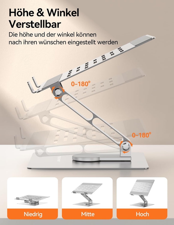 TECKNET Laptop Ständer mit 360 Drehbarer Basis, Laptopständer Höhenverstellbar, Faltbarer Laptop Sta