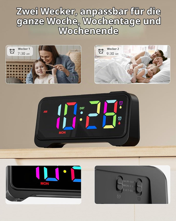 ROCAM LED Wecker Digital mit Grossen Zahlen, Nachttisch Wecker mit Typ-C &amp; USB-Ladeanschluss, Dualer