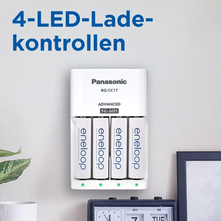 Panasonic eneloop Smart Ladegerät für 1–4 AA/AAA NI-MH-Akkus, mit 4 LED-Anzeigen und 7 Sicherheitsfu
