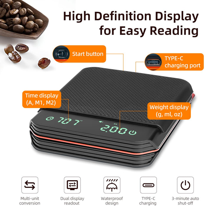 Carehabi Küchenwaage Digital mit Timer 0,1g Hochpräzisions Espressowaage 2KG Mini Kaffeewaage mit Si