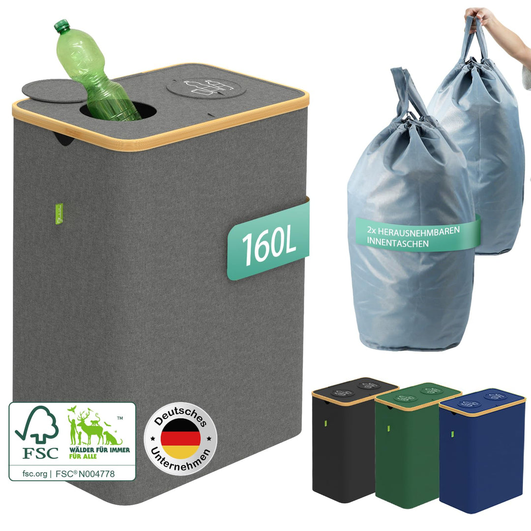 Glücksklee Pfandflaschen Sammelbehälter 160L mit zwei Fächern und FSC-zertifiziertem Bambus, Grau