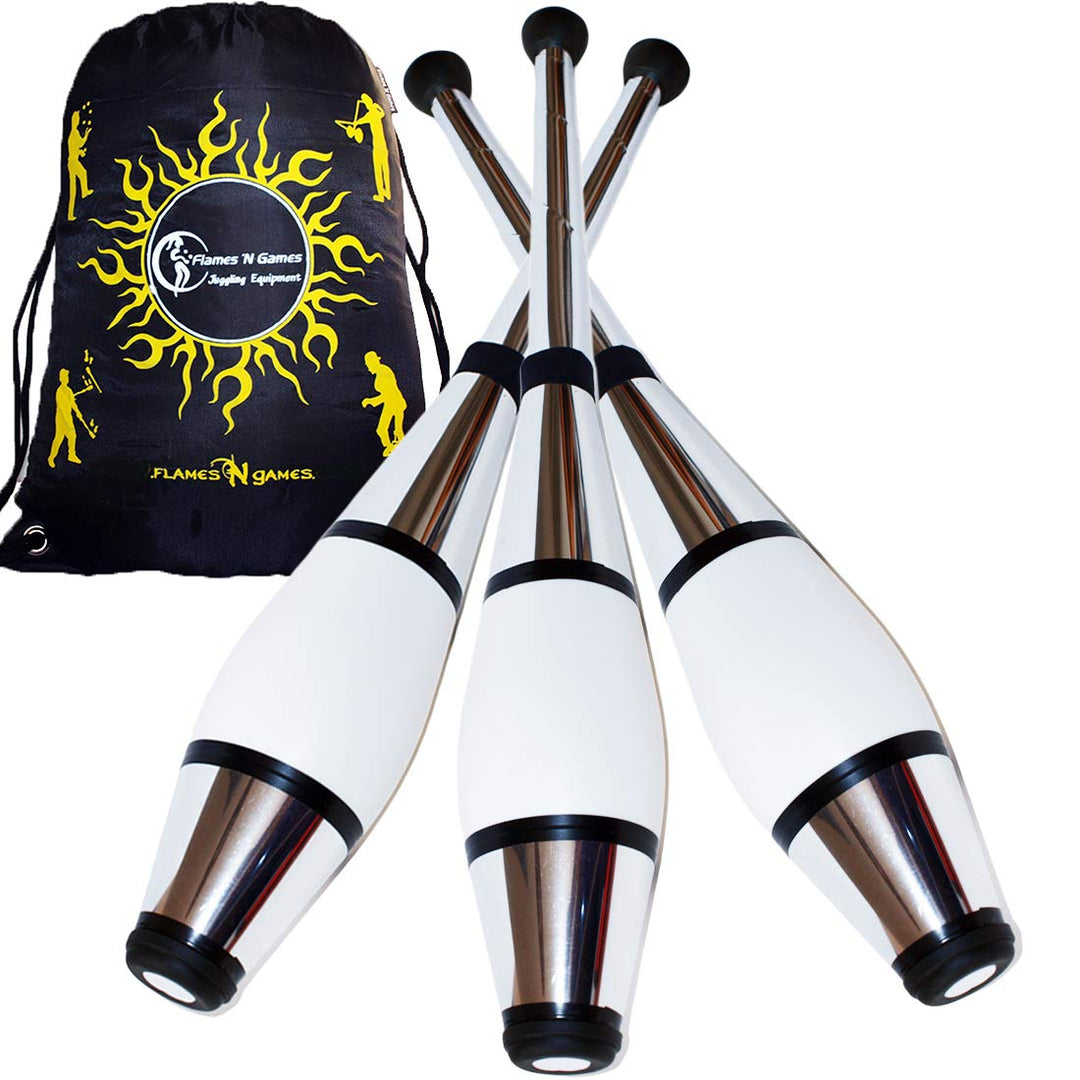 Juggle Dream Euro PRO Jonglierkeulen 3er-Set (Silber) Jonglier Keulen Training Set + Flames N Games
