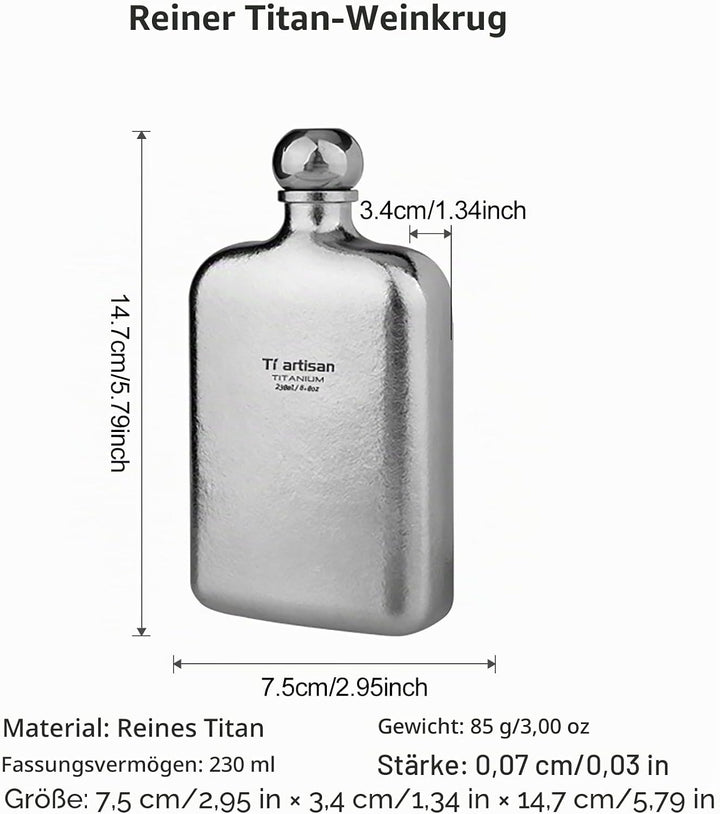 Ti artisan Titan Flachmann mit Trichter Ultraleichte Squre Titanium Hip Flask Whisky Glaskolben für