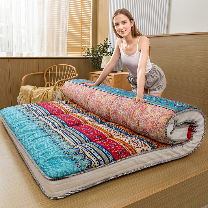 MAXYOYO Böhmische Retro Futon Matratze - Vintage Blumenmuster japanische Bodenmatratze - rollbar ver