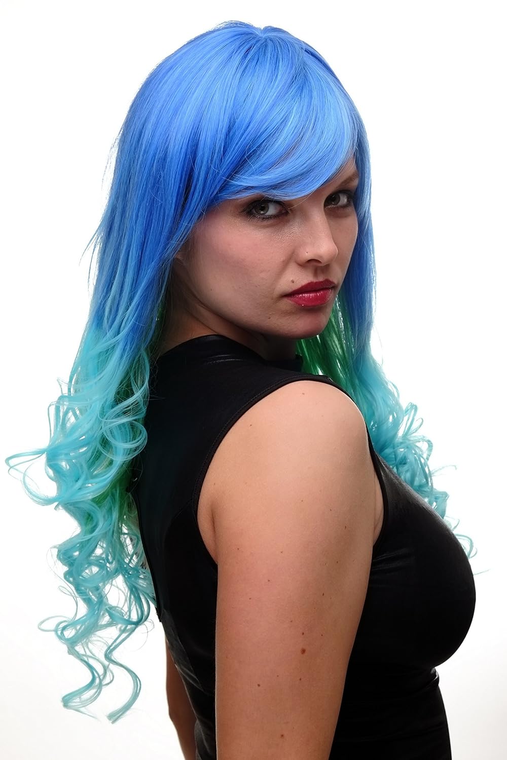 WIG ME UP - Damenperücke Perücke Cosplay Türkis Blau Grün Mix sehr lang (65 cm) Locken GF-W2174-G55A