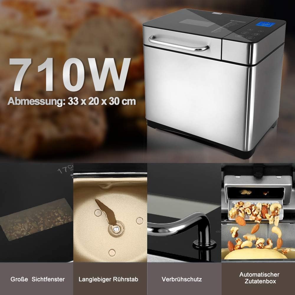 Ｍeykey Brotbackautomat Backmeister Brotbackmaschine mit 19 Programme für 500g-1000g Brotgewicht, 710