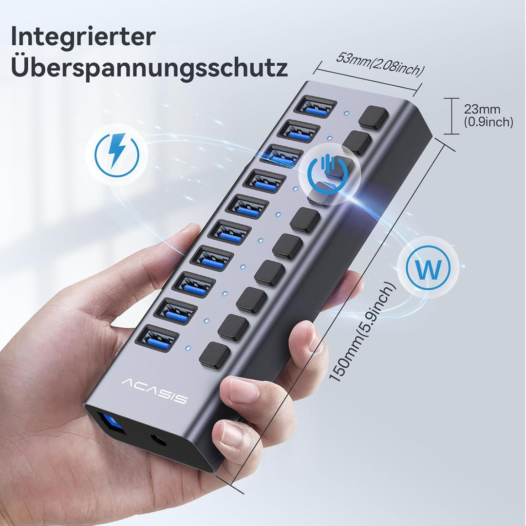 ACASIS Powered USB Hub,10 Ports USB 3.1 Hub mit 10Gbps Data Speed, Individuellen On/Off Schalter, 12