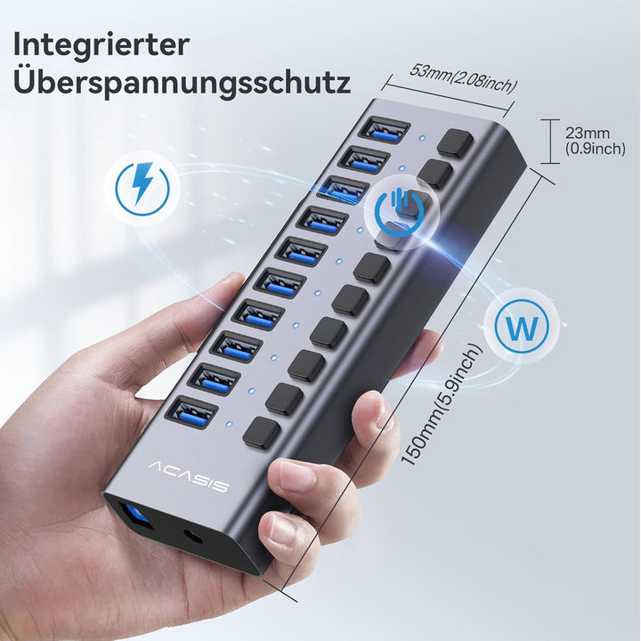 ACASIS Powered USB Hub,10 Ports USB 3.1 Hub mit 10Gbps Data Speed, Individuellen On/Off Schalter, 12