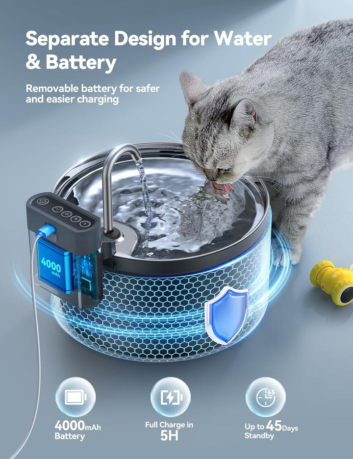 Katzenbrunnen Kabellos 3,5L-FEELNEEDY Trinkbrunnen für Katze mit Bewegungssensor-Batteriebetrieben W
