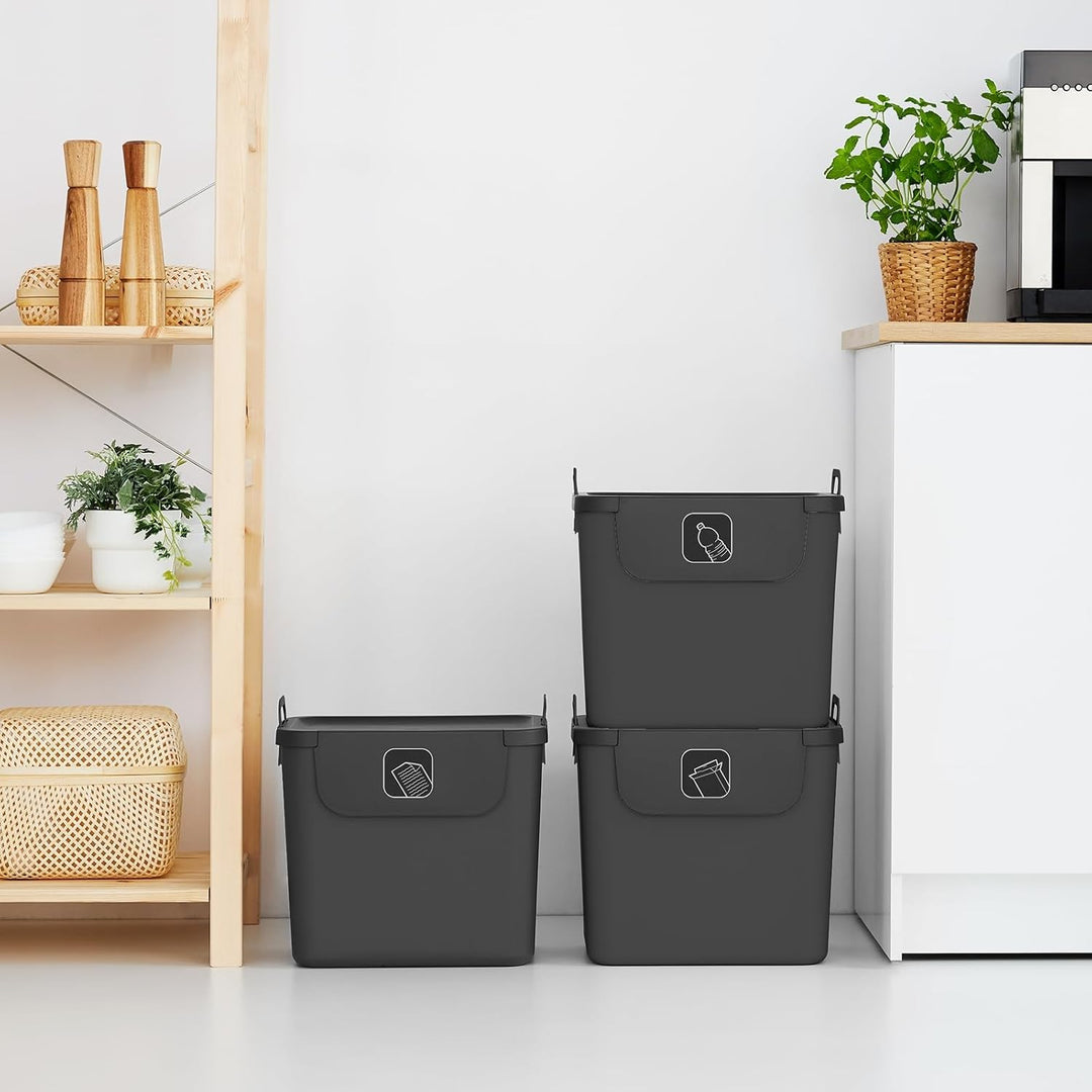 Jive Rotho Recycling Müllsystem anthrazit 3er-Set Mülltrennsystem 30l für die Küche, Kunststoff (PP