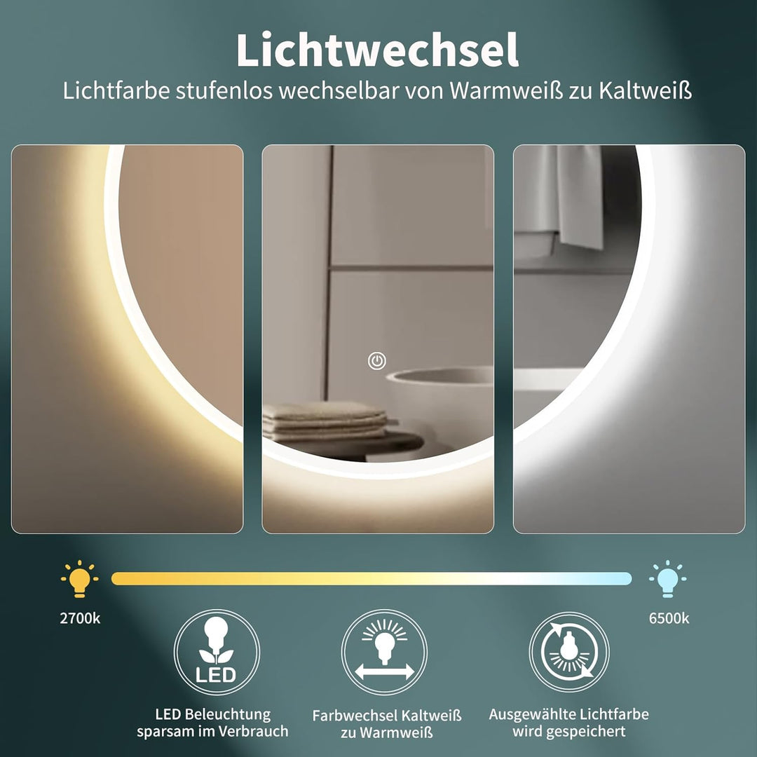 HOKO Design Badspiegel rund 60 cm Malaga mit Metall Rahmen Weiss. Runder Bad Wandspiegel LED beleuch