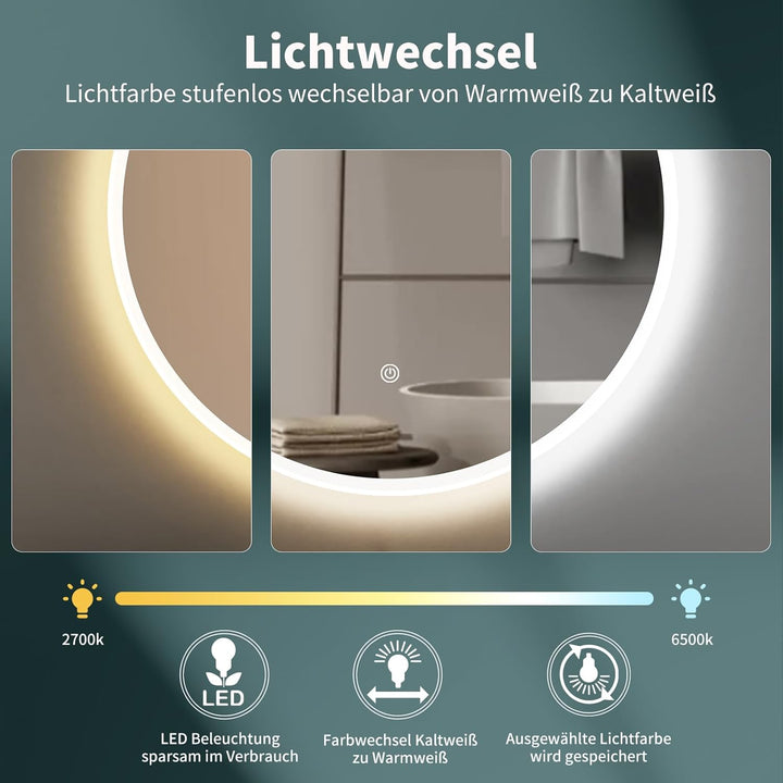 HOKO Design Badspiegel rund 60 cm Malaga mit Metall Rahmen Weiss. Runder Bad Wandspiegel LED beleuch