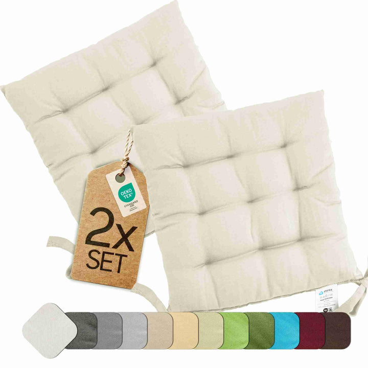 etérea 2er Set Sitzkissen Outdoor 40x40 mit Bändern - Stuhlkissen Creme für Gartenstuhl &amp; Innenberei