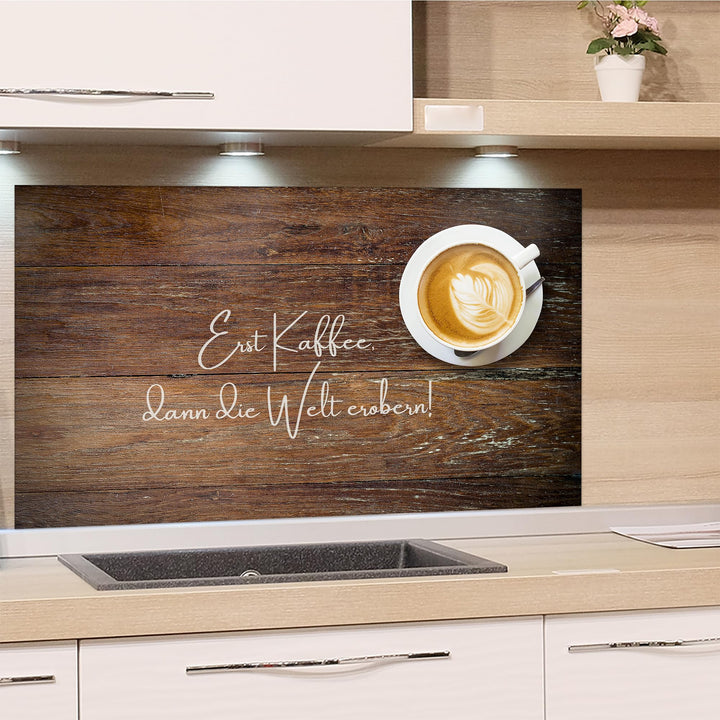 GRAZDesign Spritzschutz Küchenrückwand Glas Küche für Herd & Küchenspüle, Kaffee Holz braun Spruch -