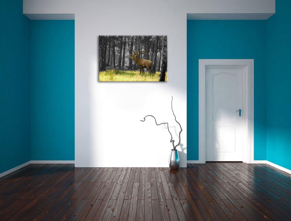 röhrender Hirsch im Wald schwarz/weiss Format: 100x70 auf Leinwand, XXL riesige Bilder fertig gerahm