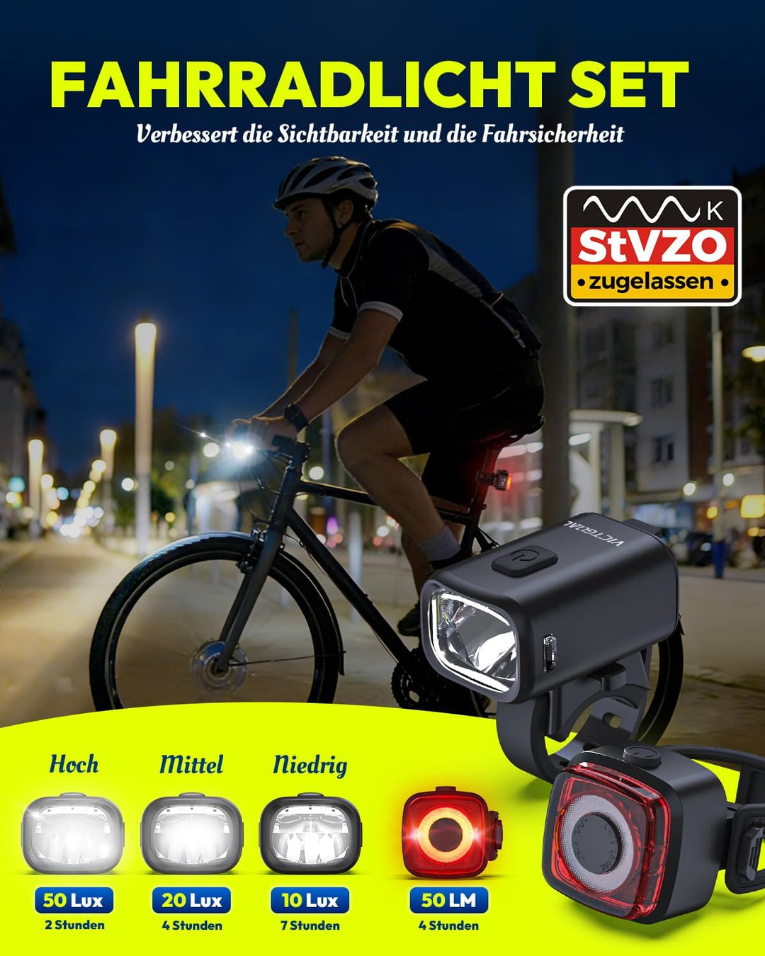 VICTGOAL Fahrradlampe Set StVZO Zugelassen, 50 Lux Fahrrad Lichter LED Set mit IPX5 Wasserdicht, Fah