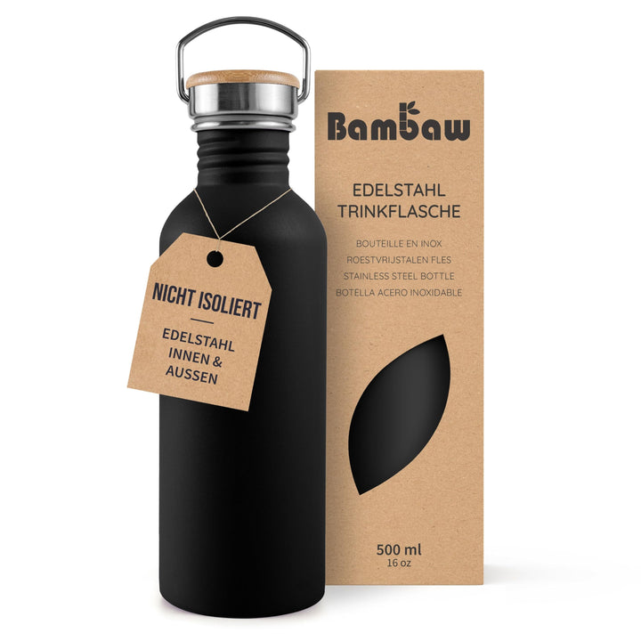 Bambaw Trinkflasche Edelstahl 500ml, Nicht-isolierte Schwarze Flasche, Kinder Trinkflasche Metall, P