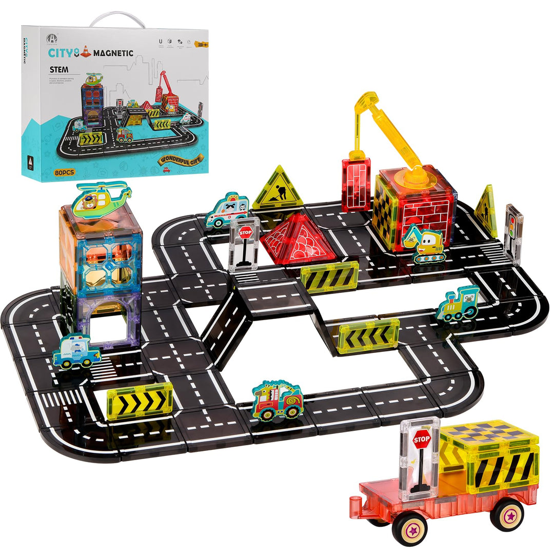 80PCS Magnetische Bausteine Strassenset, 7,5 cm Grosse Magnetische Bausteine inkl. Flugzeug Auto für