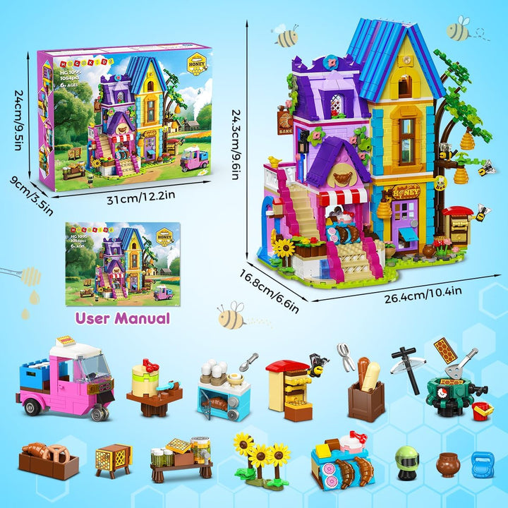 HOGOKIDS Friends Mädchen Backset Bauspielzeug mit LED-Licht - 1084PCS Bienenhaus & Bäckerei Haus, Ro