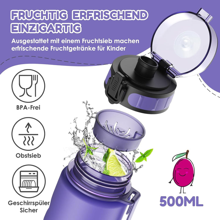 Luyiilo Trinkflasche für Kinder 500 ml - Auslaufsicher, Kohlensäure Geeignet, BPA-Frei, Mit Fruchtei