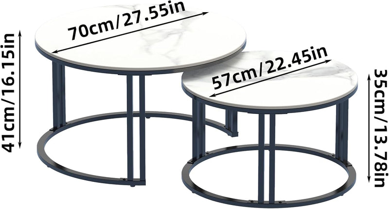 FATIVO Marmor Couchtisch 2er Set, Weiss Satztisch Rund Wohnzimmertisch mit schwarz Metallrahmen - Sa