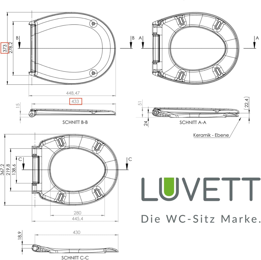 LUVETT® WC-Sitz S100 mit Glitzer-Steinen, oval, mit Absenkautomatik SoftClose®, abnehmbar, antibakte