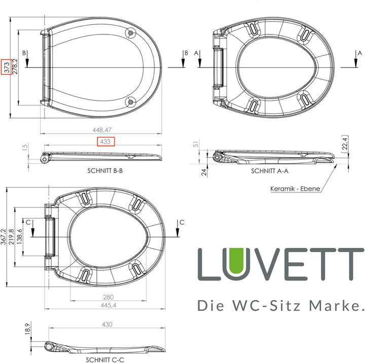 LUVETT® WC-Sitz S100 mit Glitzer-Steinen, oval, mit Absenkautomatik SoftClose®, abnehmbar, antibakte